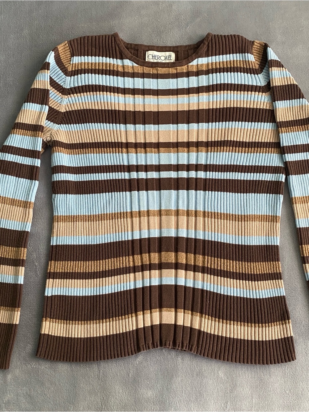 Cherokee Ribbed Striped Knit Top - Brown, Light Blue, Tan